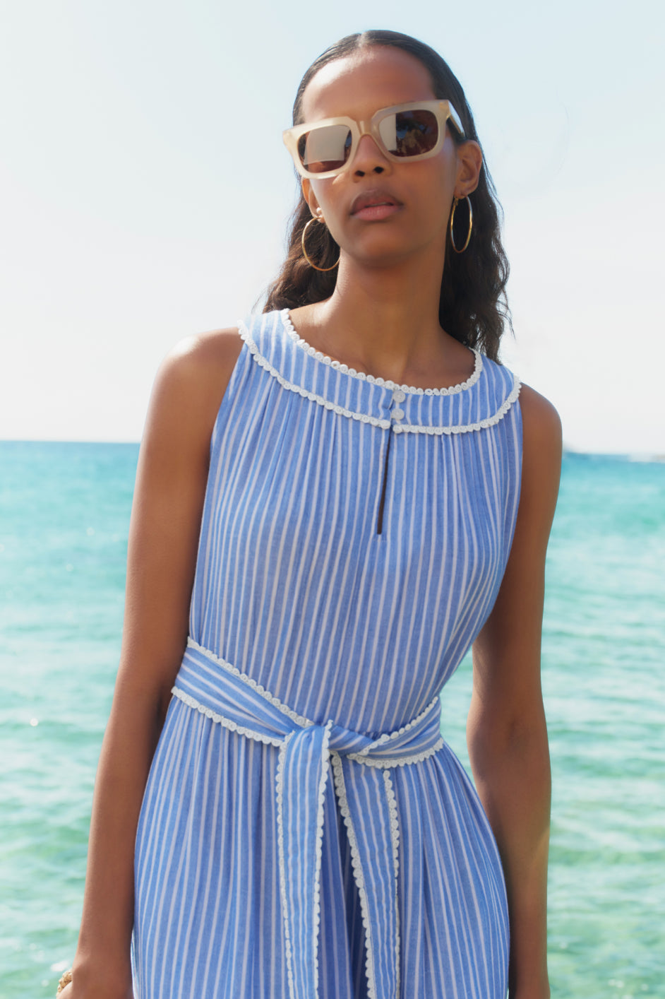 hally blue & white cotton pleated stripe dress L.K.Bennett Women's Hally Stripe Sleeveless Pleated Shirtdress - Blue