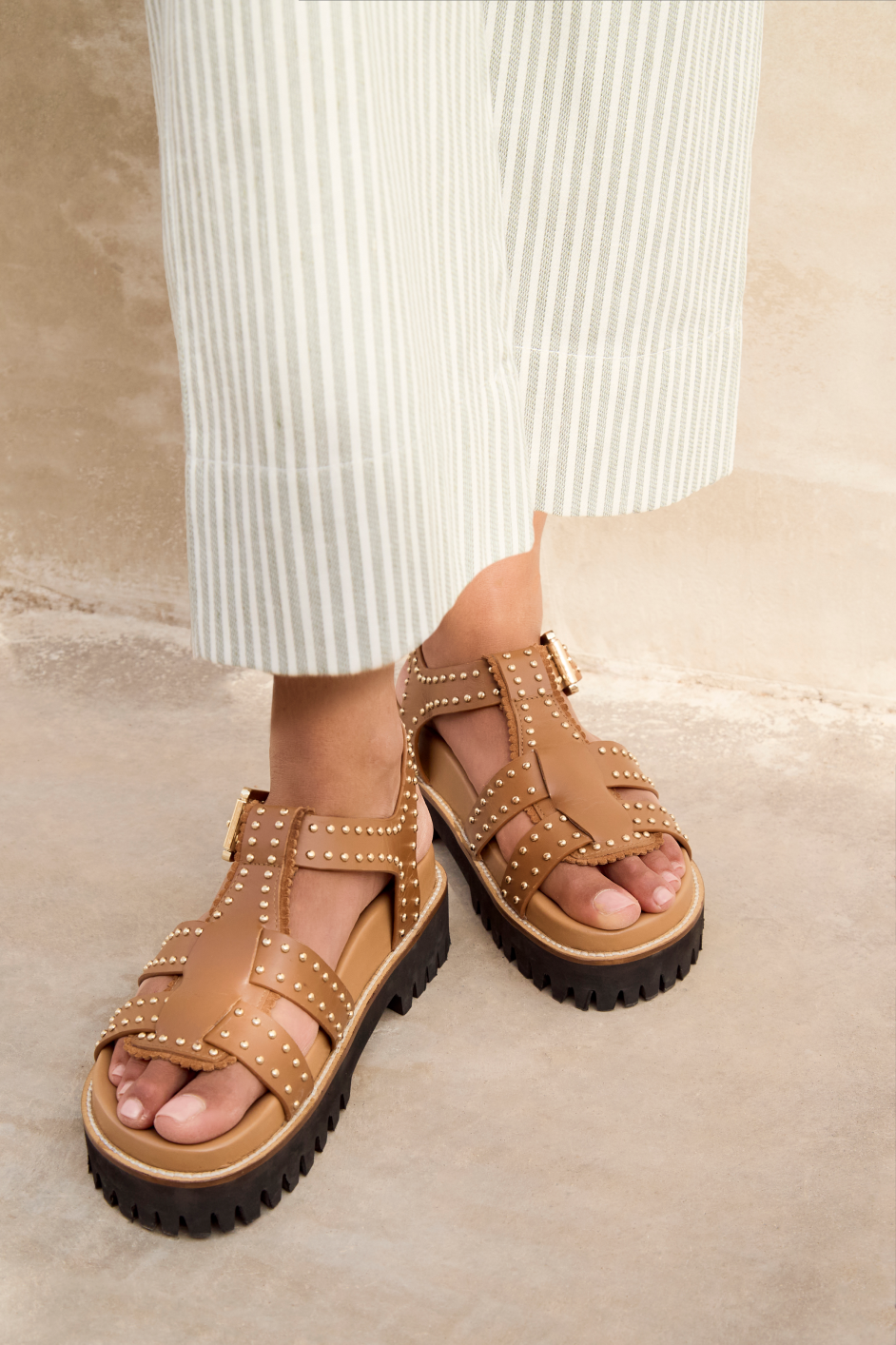 靴 14th addiction/STUDS/LETHER/SANDAL/42 Annie Chunky Sandal - Tan Studs – WYSE London