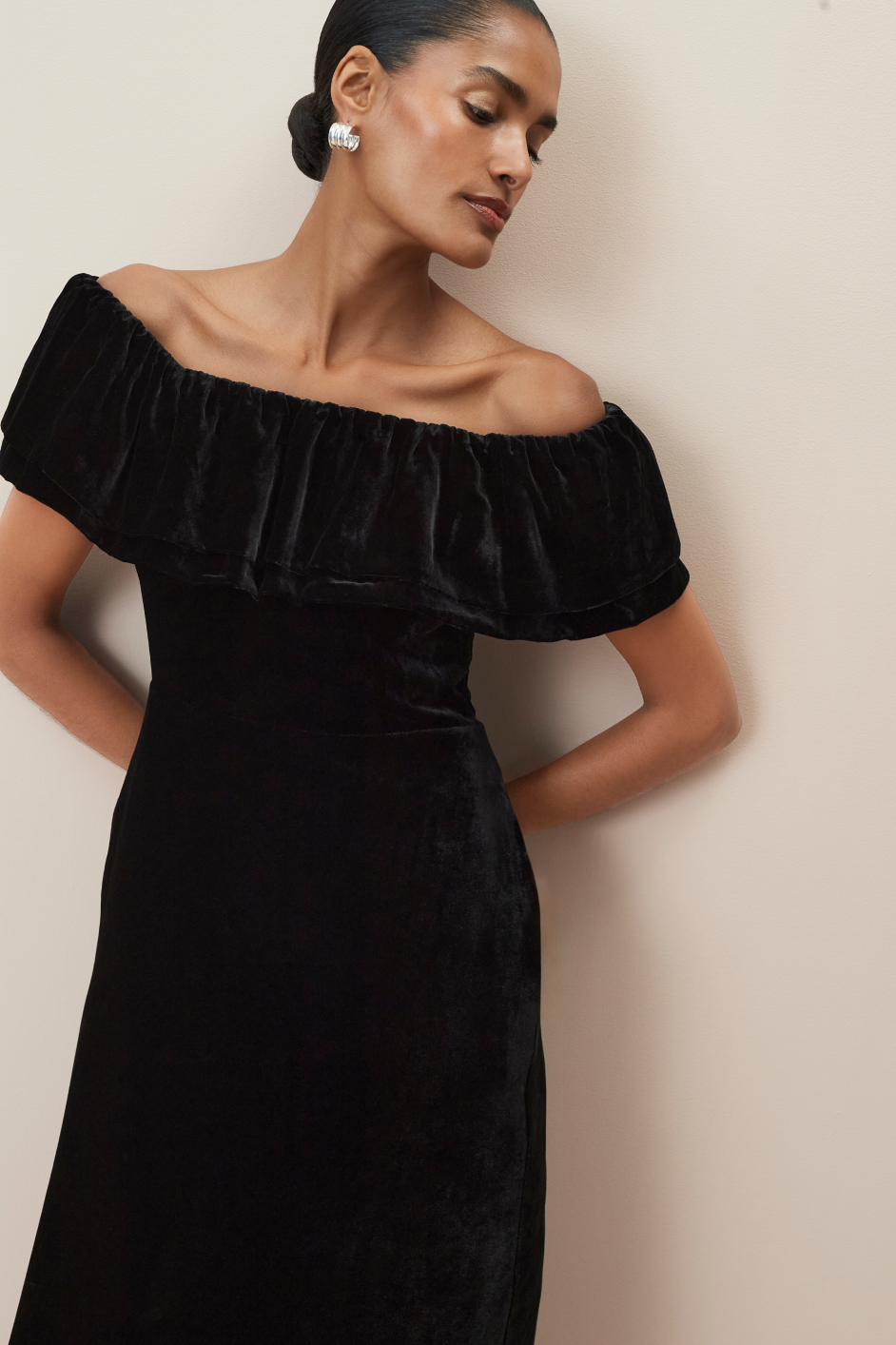 black velvet off shoulder dress WYSE London - Brigitte Silk Velvet Dress