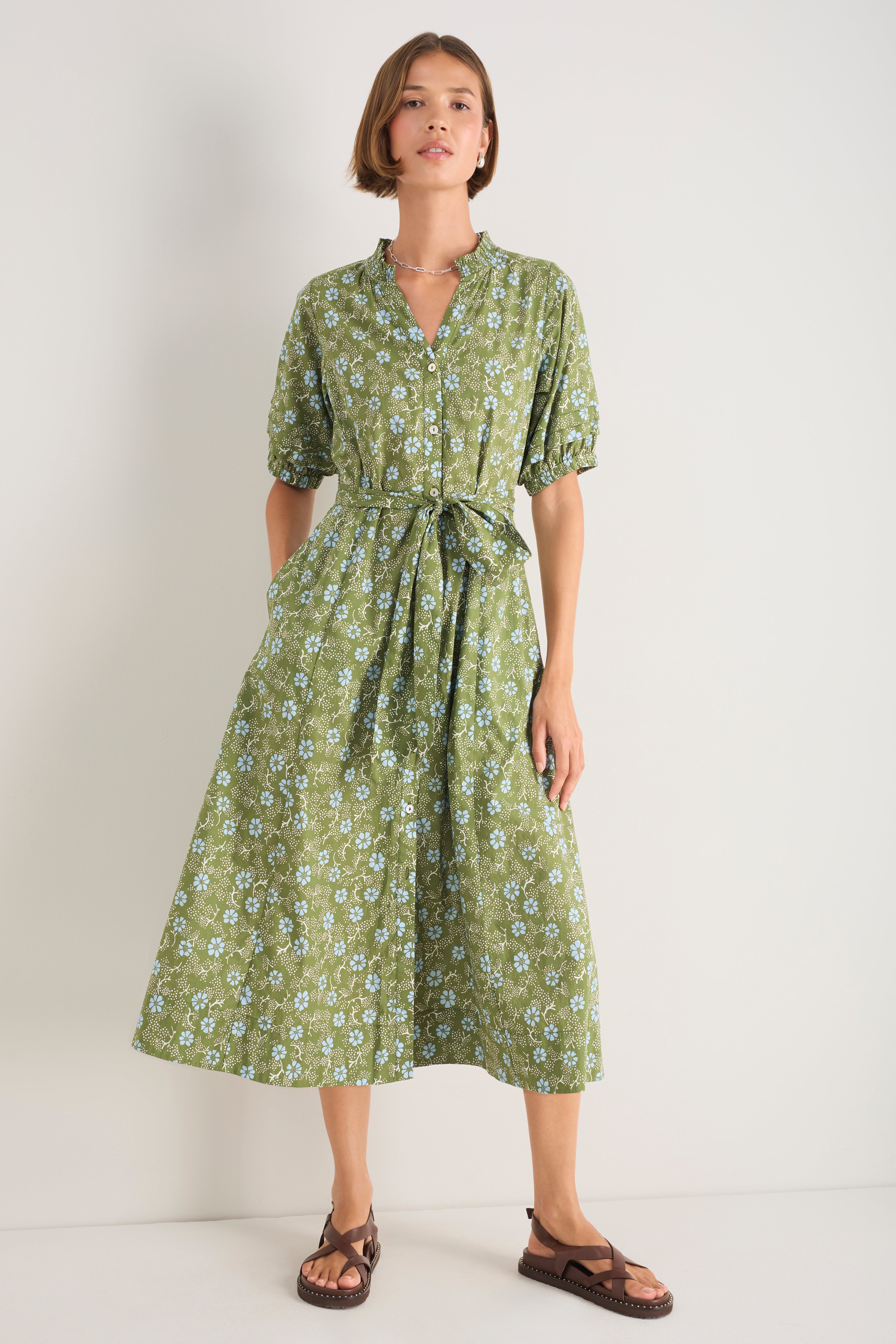 WYSE London - Kelly Dress - Olive Green Floral 0R