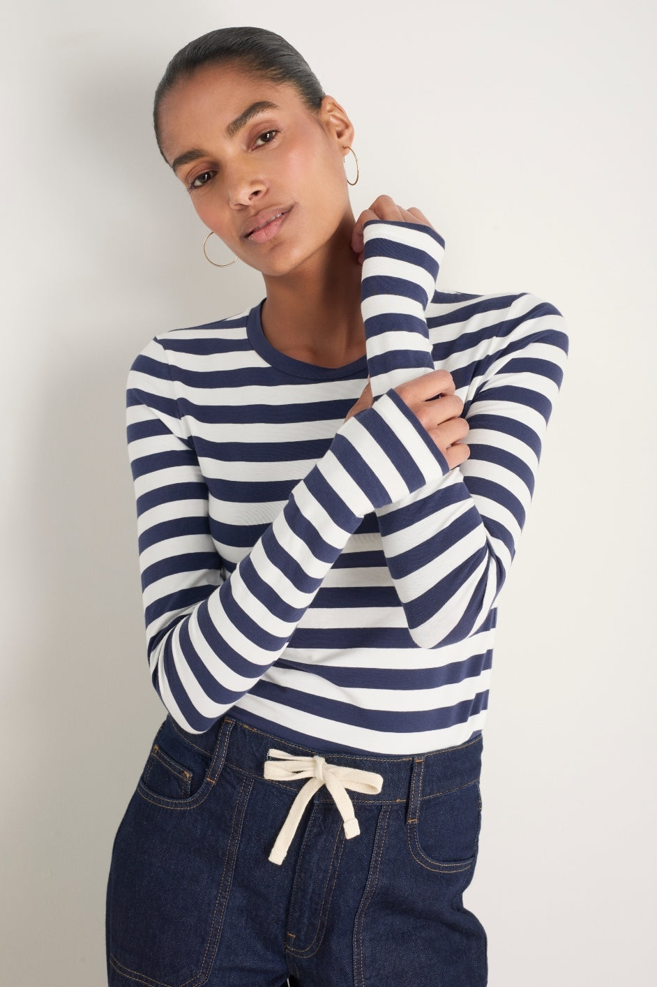 Marnie Long Sleeve Jersey Top - Chocolate/Sky Blue Stripe