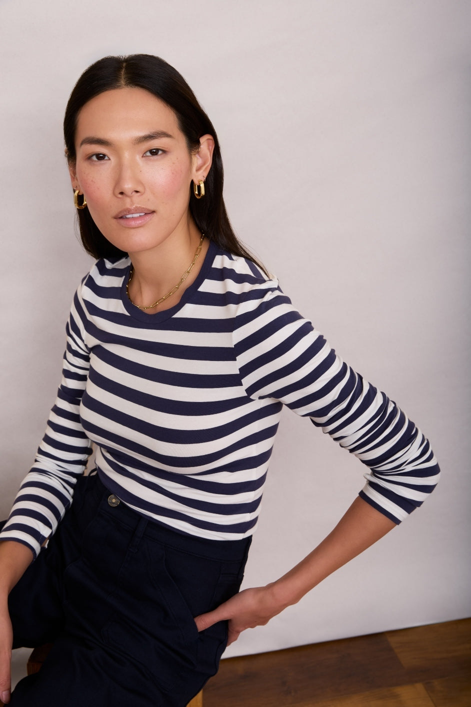 Marnie Long Sleeve Jersey Top - Chocolate/Sky Blue Stripe main image 1