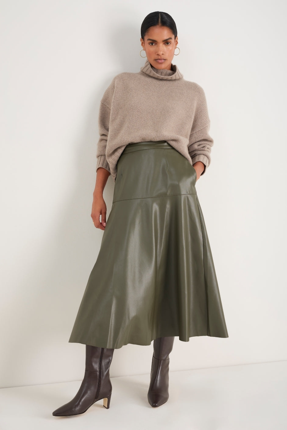 Faux leather olive green A-line skirt main image 1
