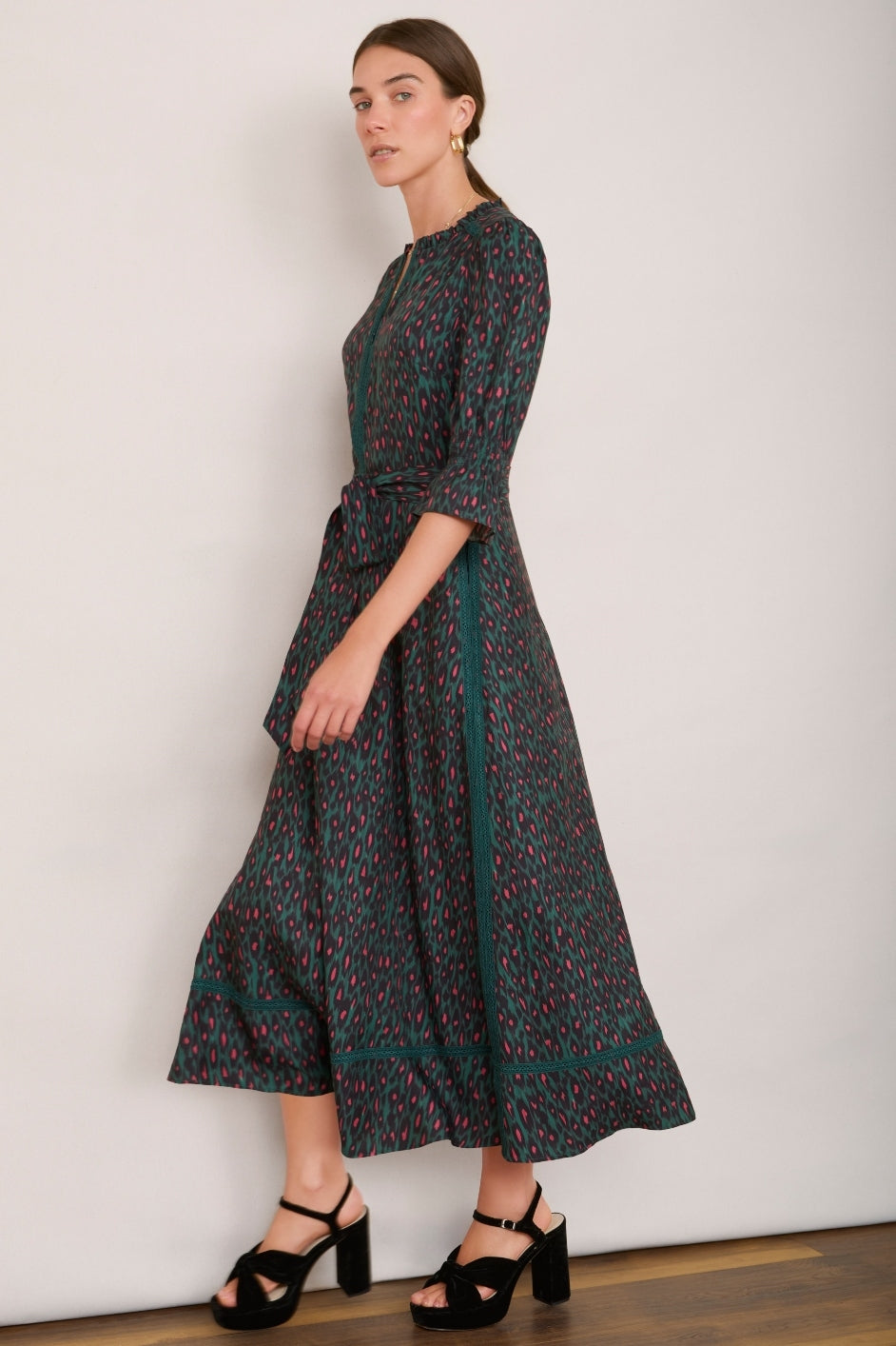 Mirabelle Silk Blend Dress - Khaki Pink Leopard WYSE London Mirabelle Silk Blend Dress - Khaki Pink Leopard WYSE London