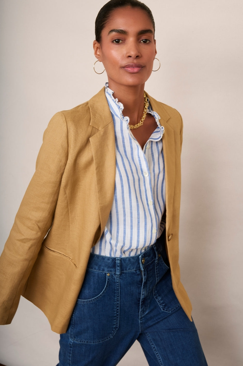 Tan Blazer Jeans And Blazer Outfit Ladies Silvie Linen Blazer Tan