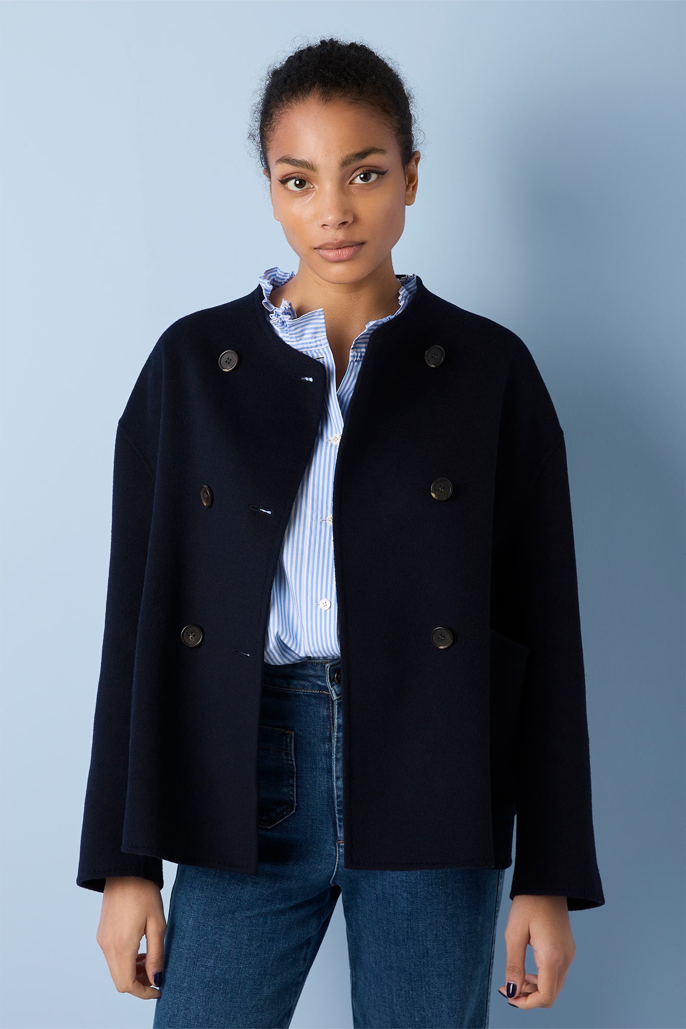 Caroline Short Double Breasted Wool Blend Jacket   Navy – WYSE London