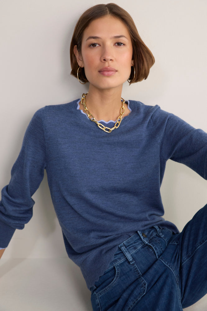 Fleurine Double Layered Jumper - Denim Blue/Blue Trim