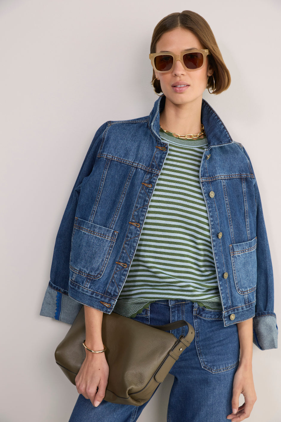 Fleurine Scallop Jumper - Olive Green/Denim Blue Micro Stripe