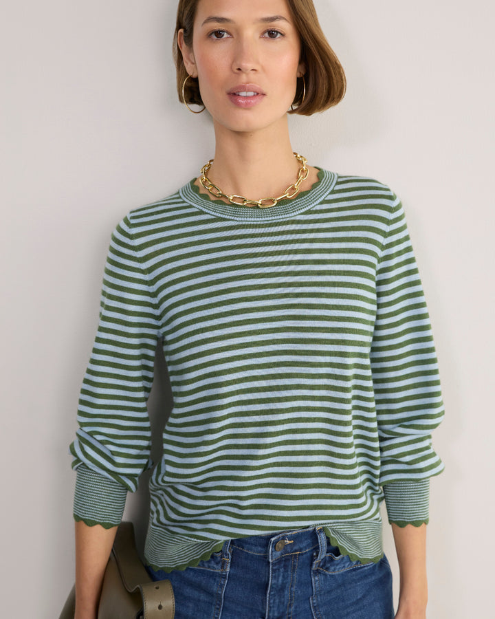 Fleurine Scallop Jumper - Olive Green/Denim Blue Micro Stripe