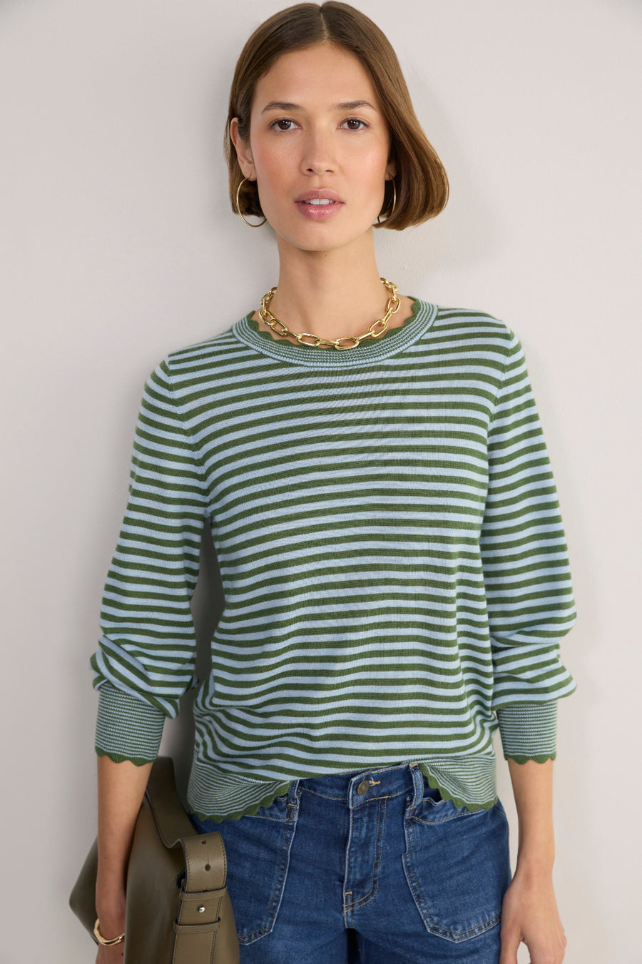 Fleurine Scallop Jumper - Olive Green/Denim Blue Micro Stripe