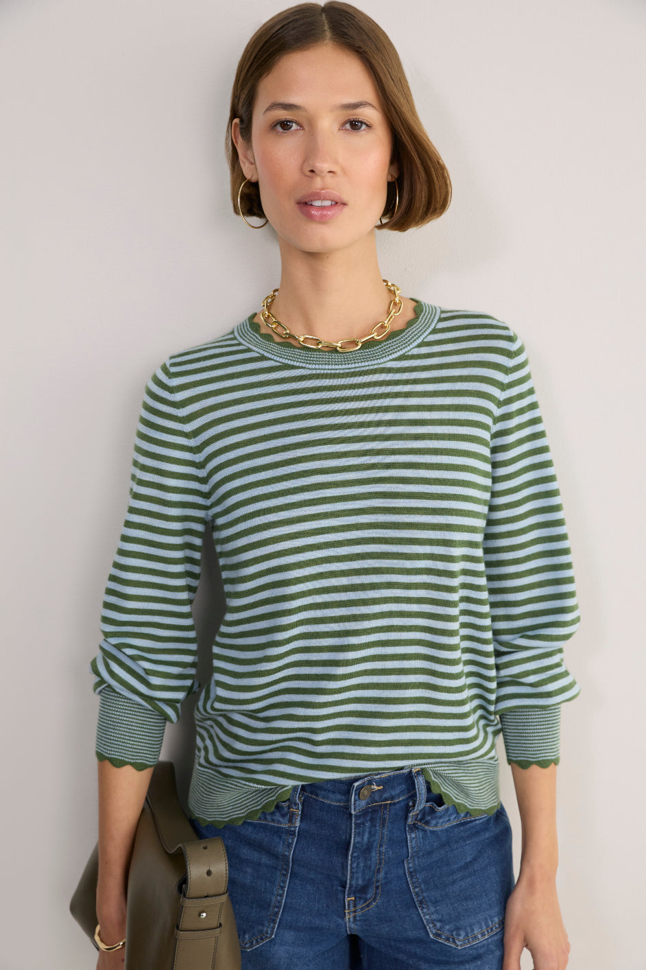 Fleurine Scallop Jumper - Olive Green/Denim Blue Micro Stripe