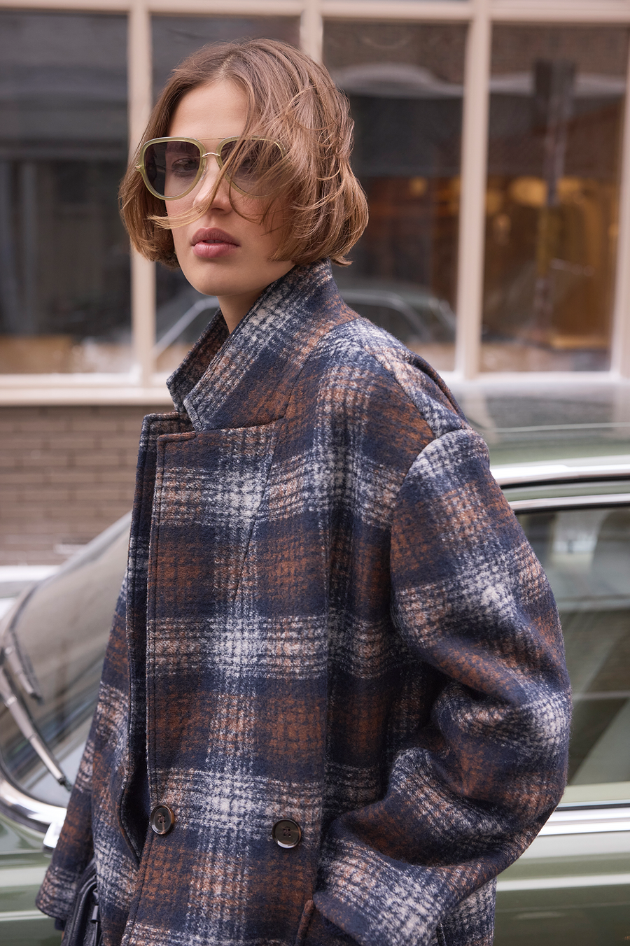 DB x Wyse Cocoon Coat - Brown/Blue Check