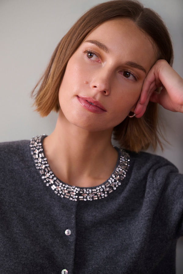Felicity Embellished Neck Cardigan - Charcoal Grey