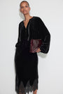 Ella Silk Velvet Lace Trim Skirt - Black