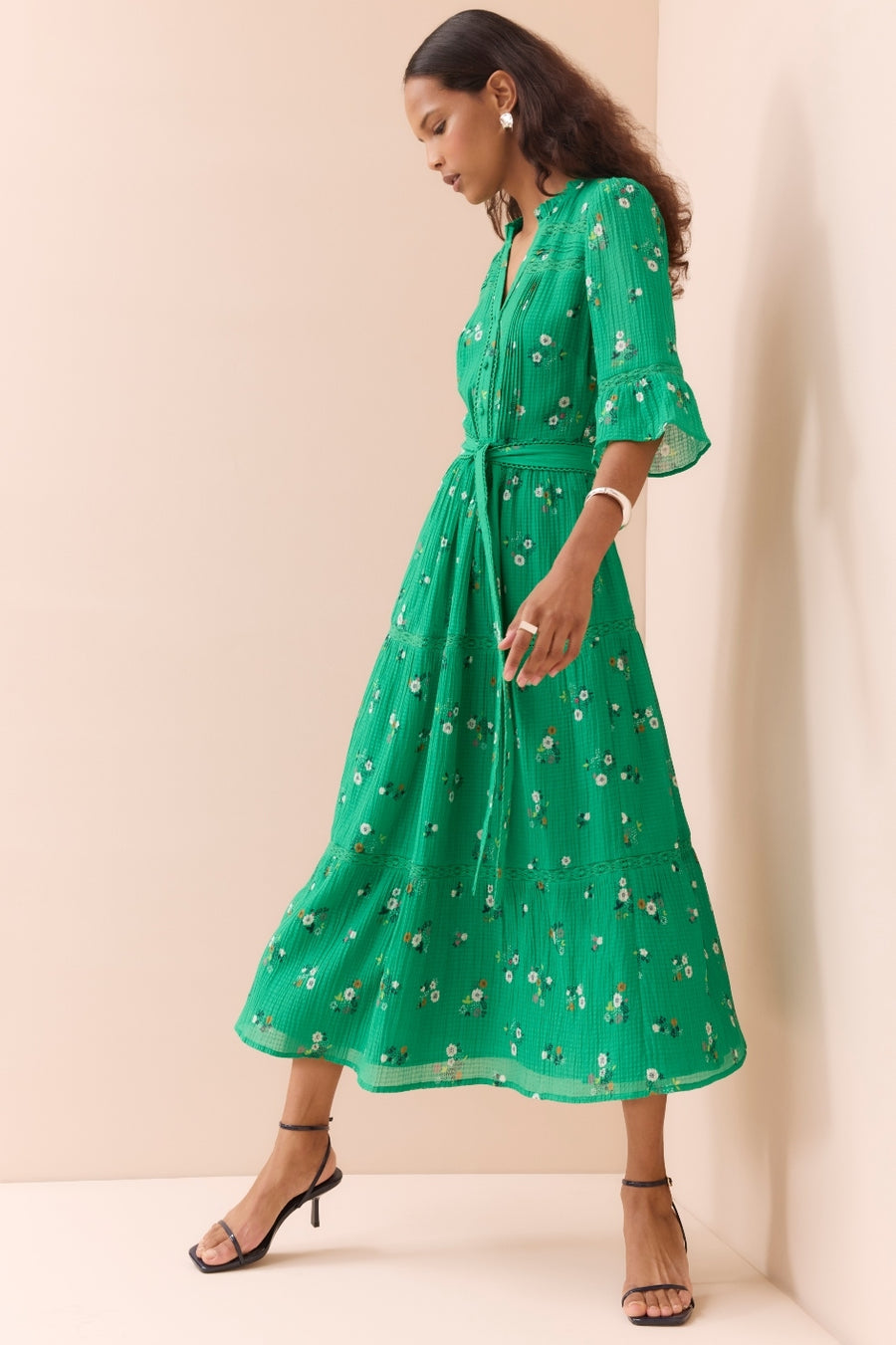 Samara Silk Blend Dress - Jade Green Spaced Floral WYSE London Samara Silk Blend Dress - Jade Green Spaced Floral WYSE London