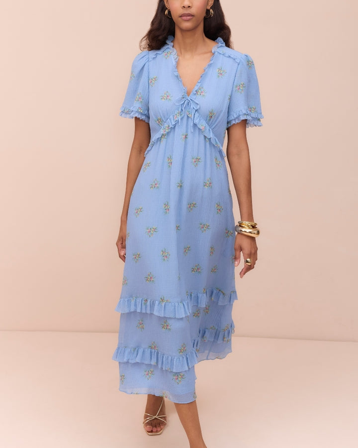 Lyra Silk Blend Dress - Blue Floral Cluster