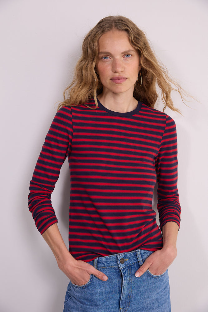 Marnie Long Sleeve Jersey Top - Midnight/Red/Plum Stripe
