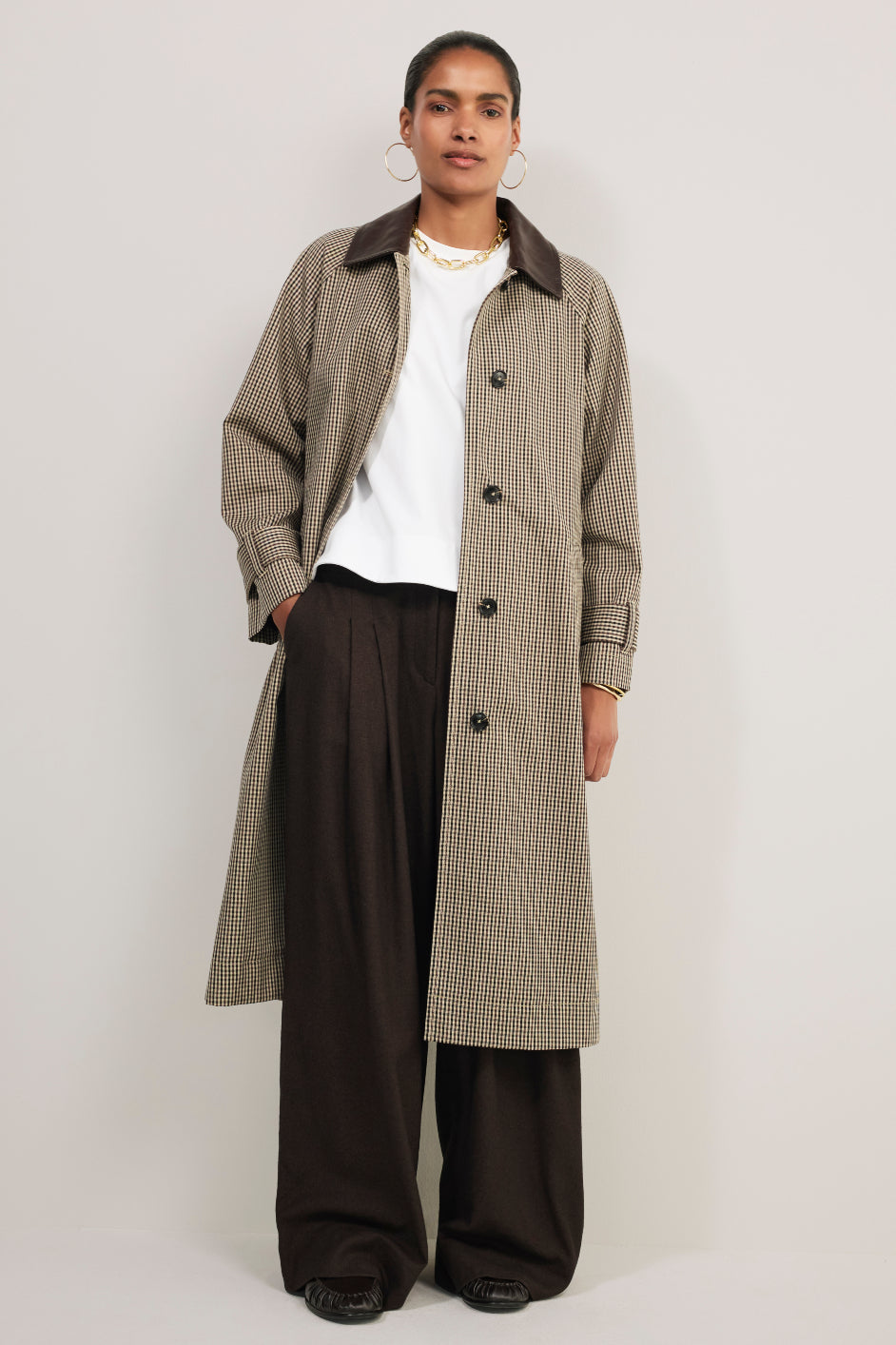 Addie Check Trench Coat - Beige/Chocolate Check