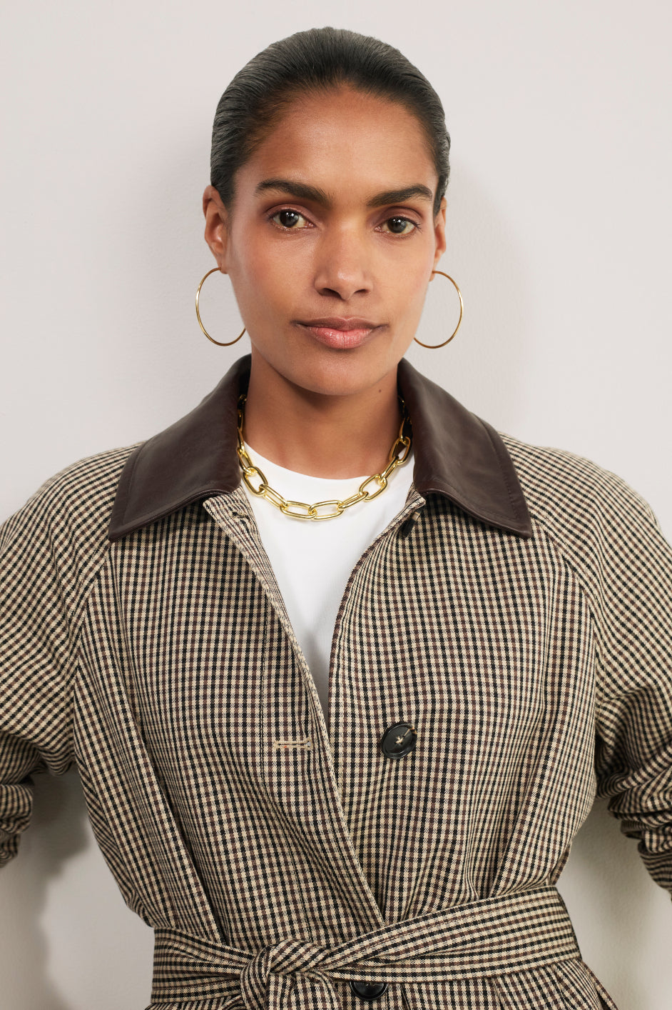 Addie Check Trench Coat - Beige/Chocolate Check