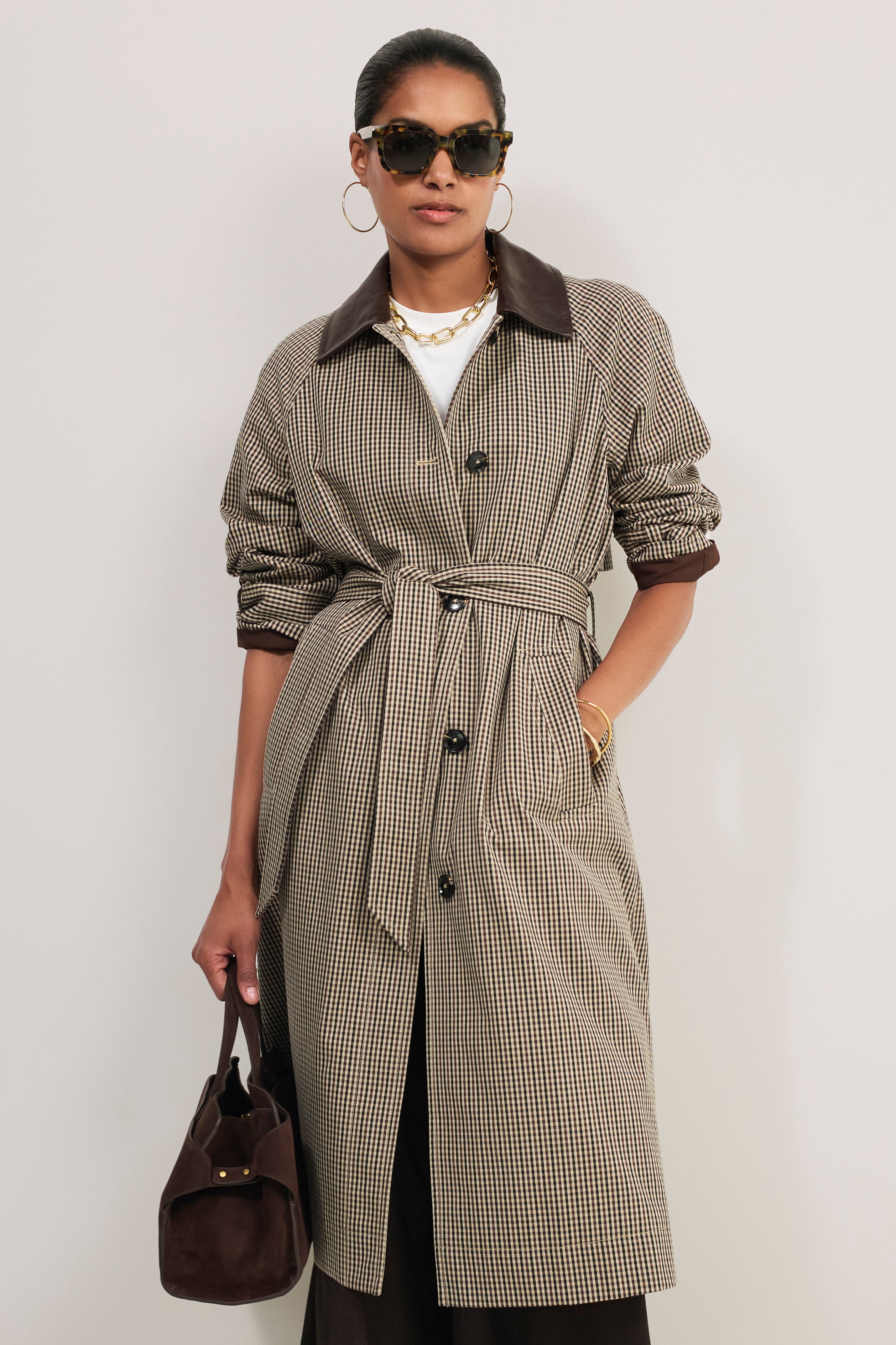 Addie Check Trench Coat - Beige/Chocolate Check