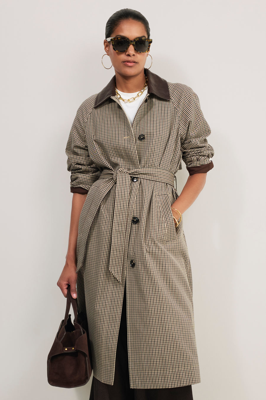 Addie Check Trench Coat - Beige/Chocolate Check