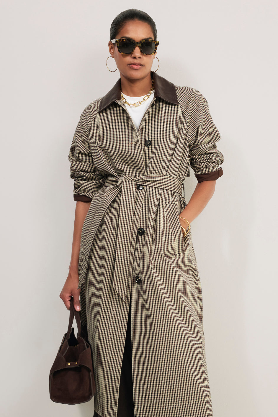 Addie Check Trench Coat - Beige/Chocolate Check