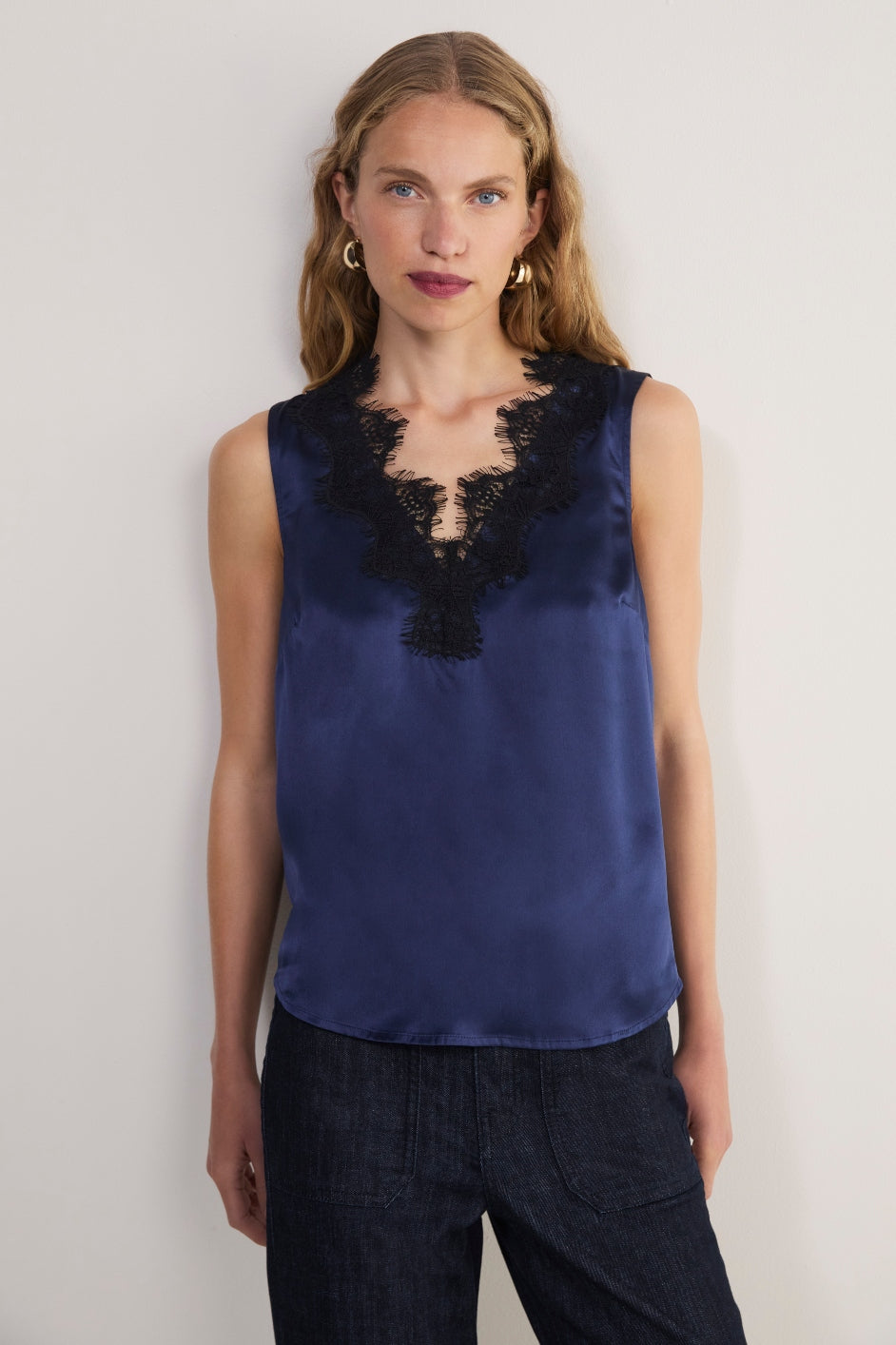 Amelie Silk Satin Lace Cami - Midnight/Black