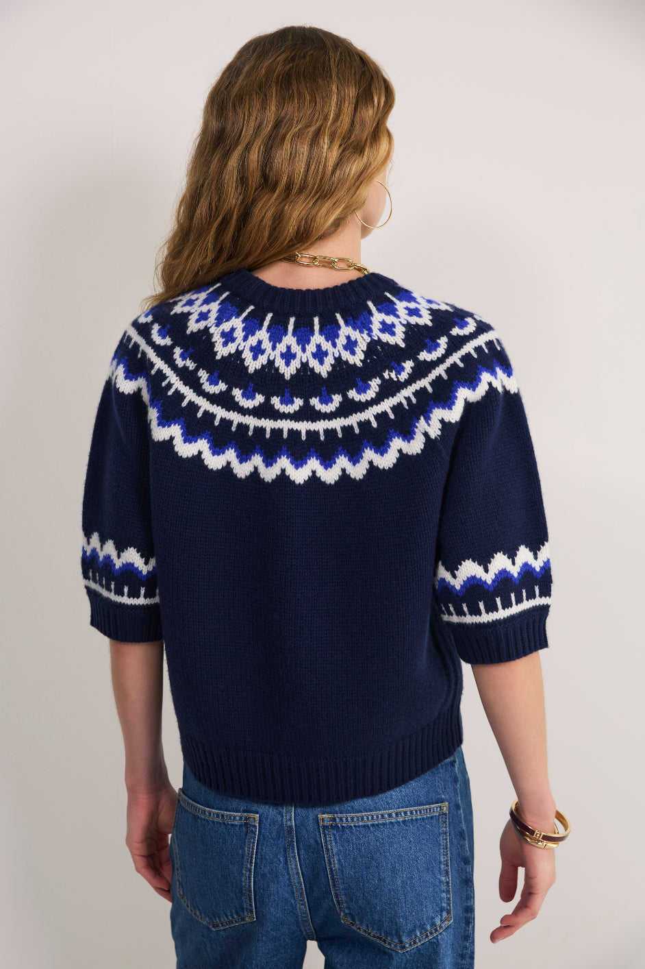 Aria Short Sleeve Jumper - Midnight/Cobalt/Ivory Fairisle