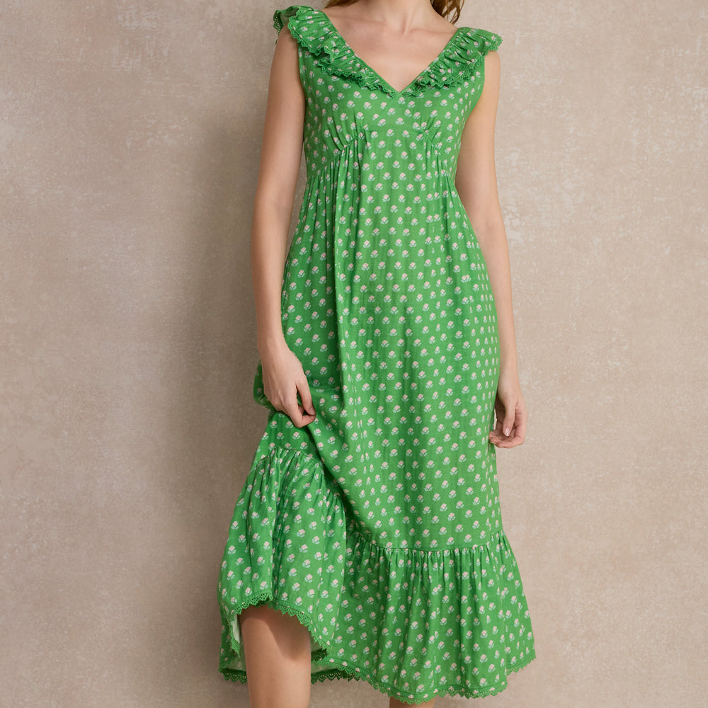 Astrid Dress - Jade Green Flora Woodblock