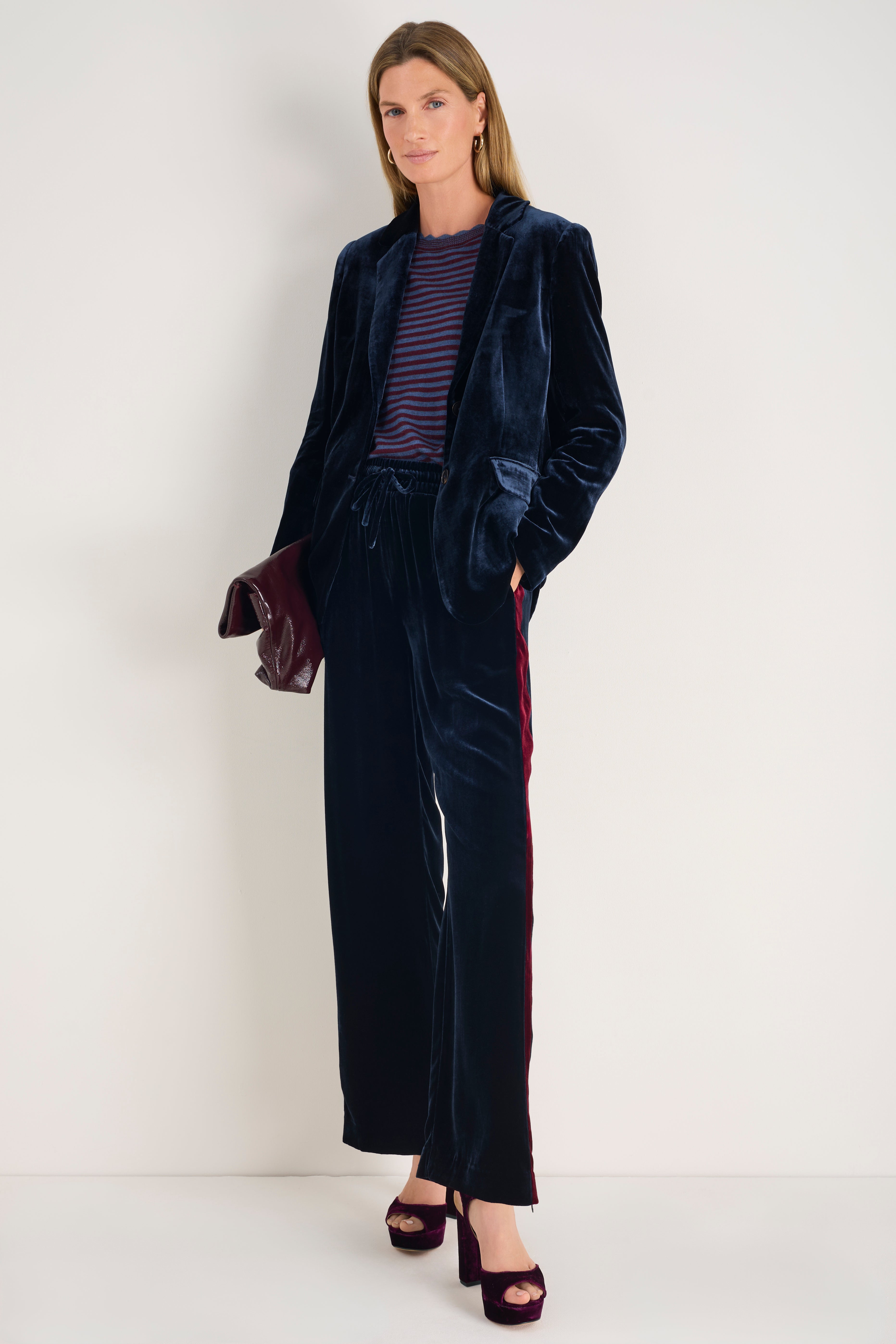 Aurora Silk Velvet Trouser - Midnight/Plum Stripe
