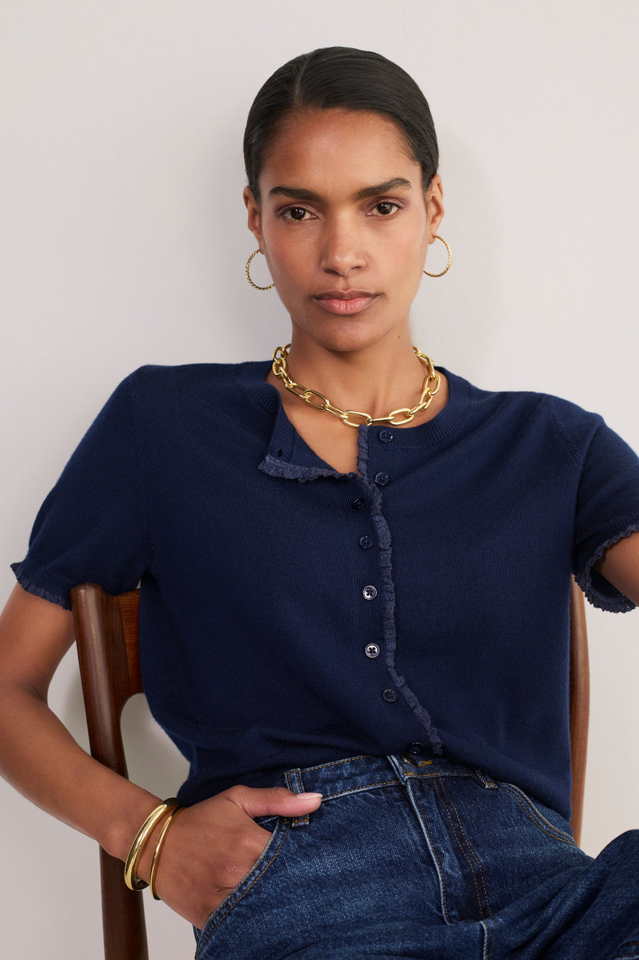 Ayla Trim Short Sleeve Cardigan - Midnight