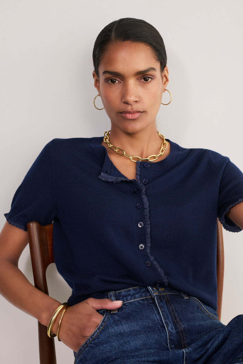 Ayla Trim Short Sleeve Cardigan - Midnight