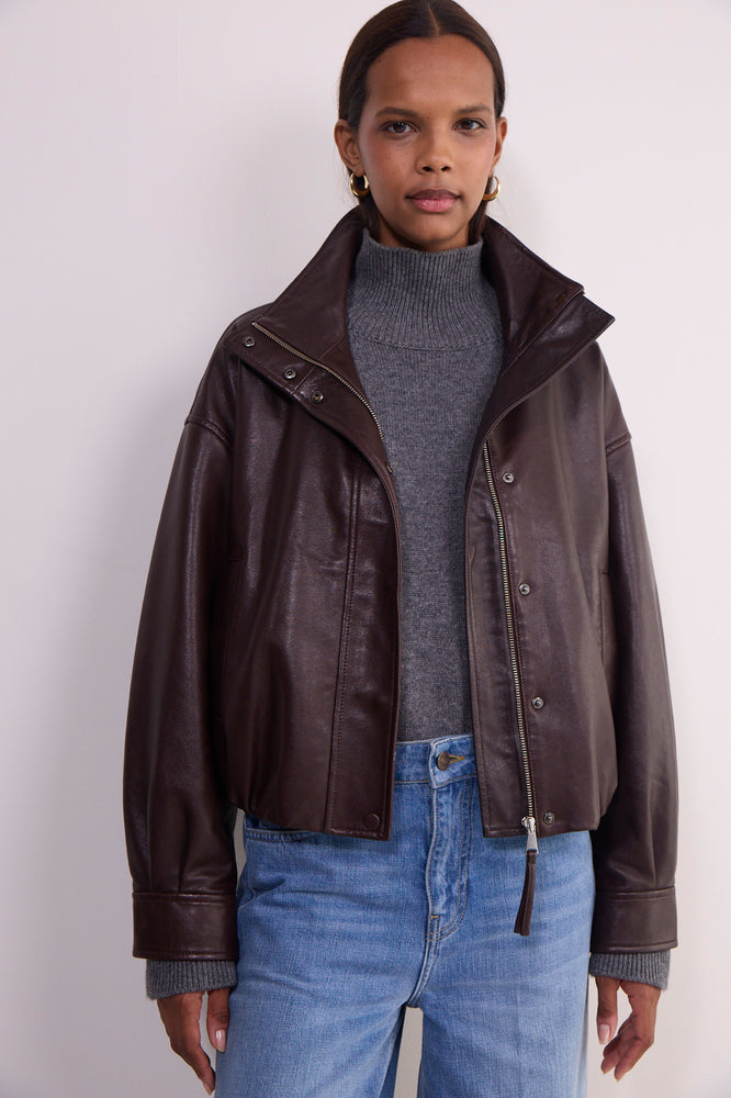 Blair Leather Bomber Jacket - Chocolate