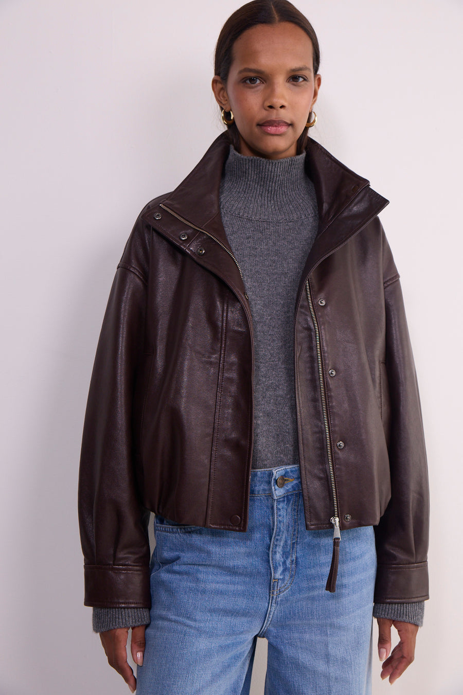Blair Leather Bomber Jacket - Chocolate