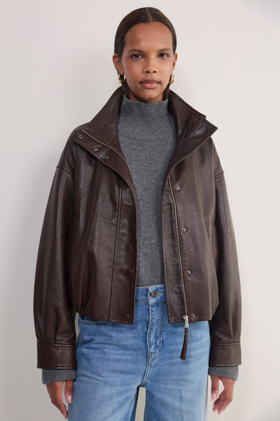 Blair Leather Bomber Jacket - Chocolate