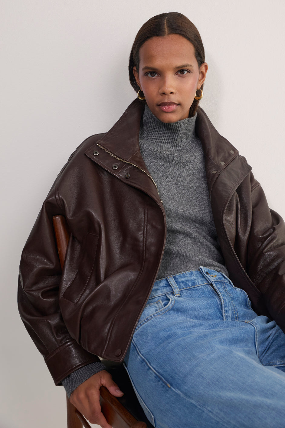 Blair Leather Bomber Jacket - Chocolate