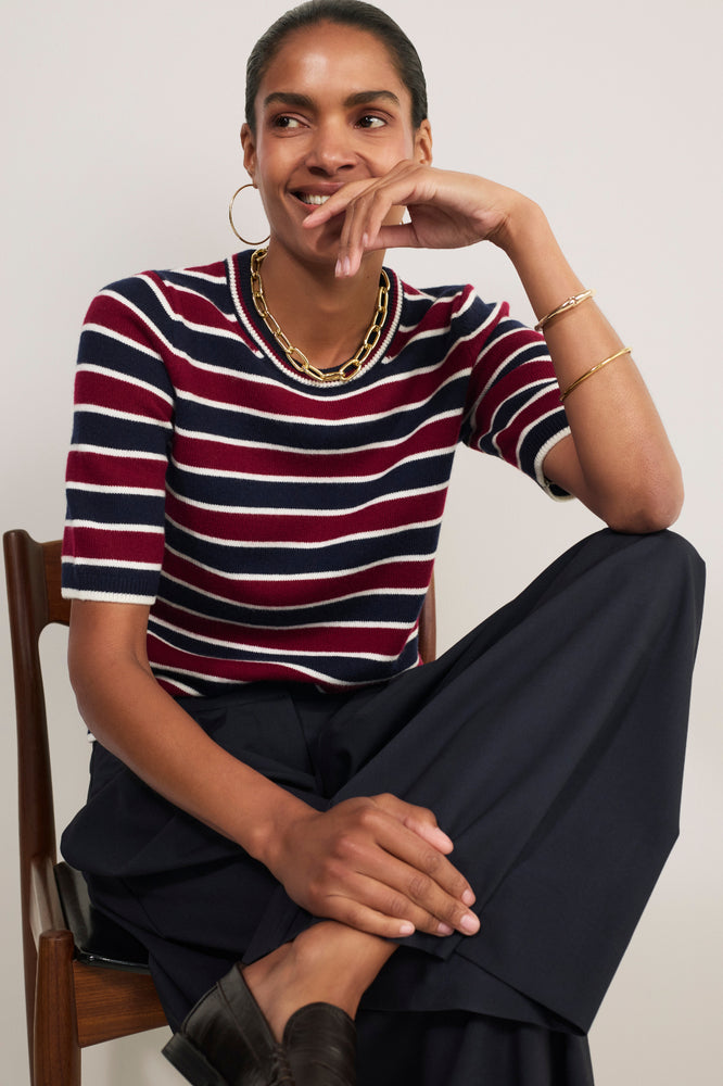 Caley Knitted Top - Navy/Aubergine/Ivory Stripe
