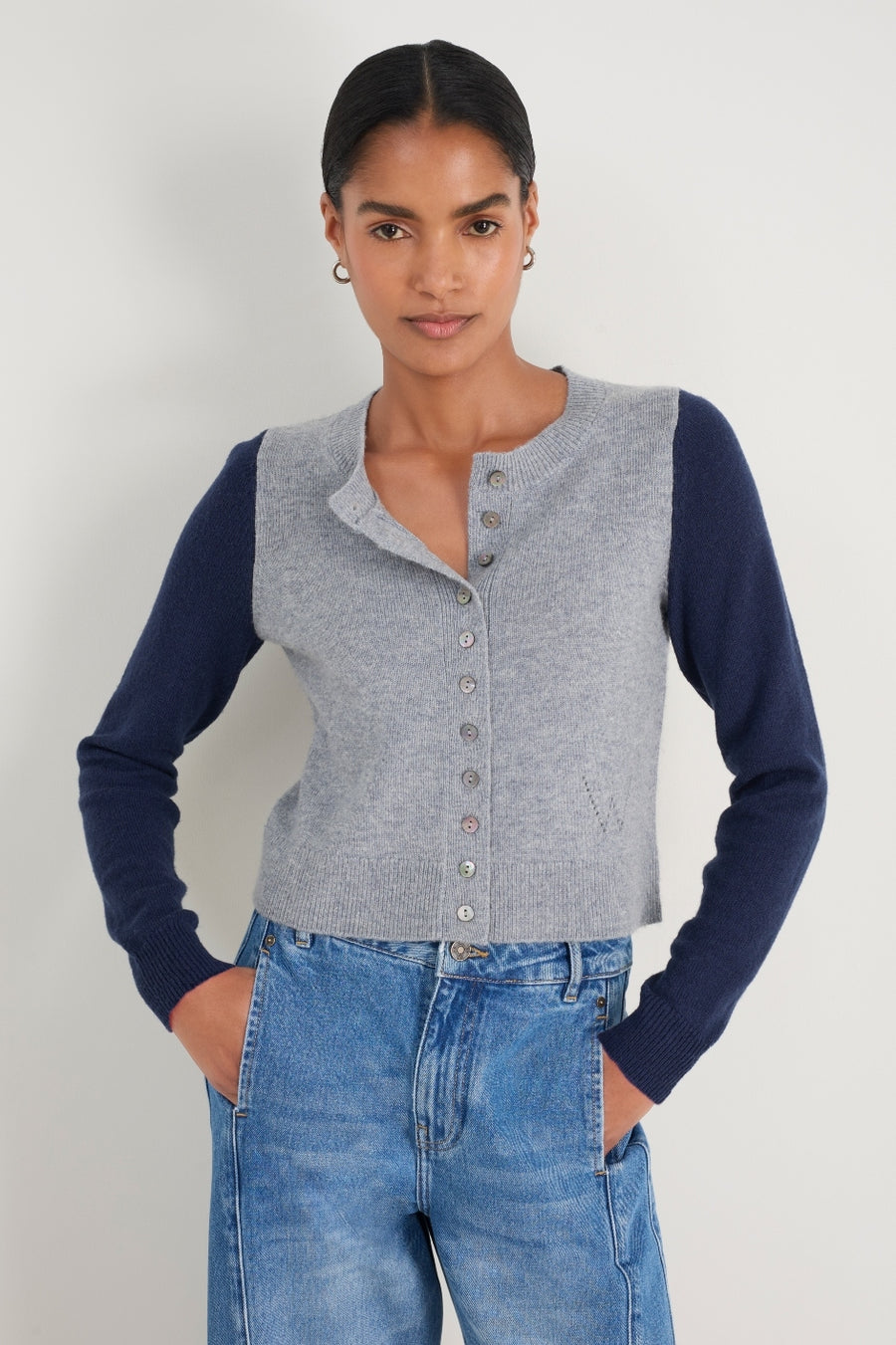 Callie Merino Cardigan - Grey Marl/Midnight