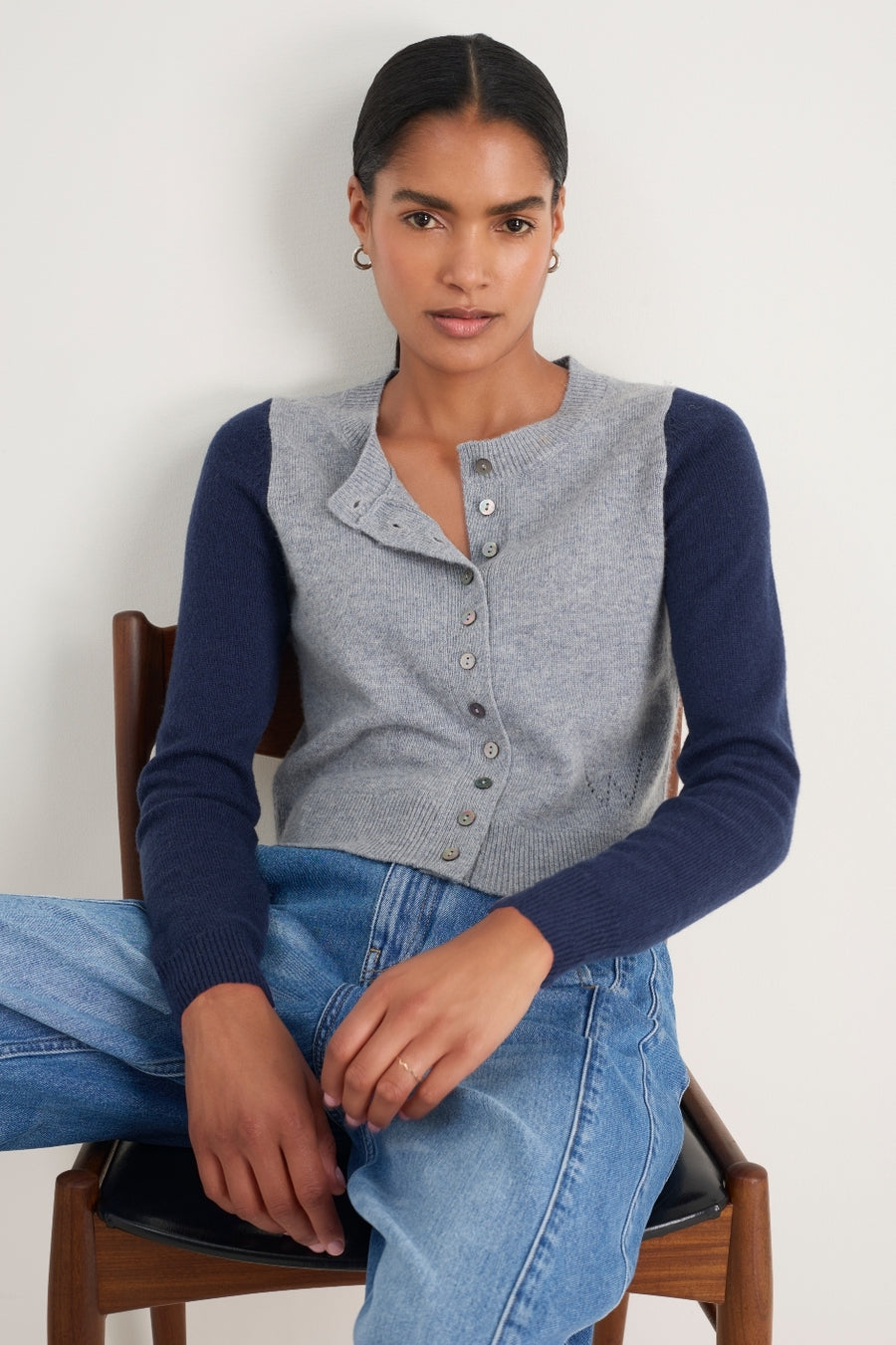 Callie Merino Cardigan - Grey Marl/Midnight