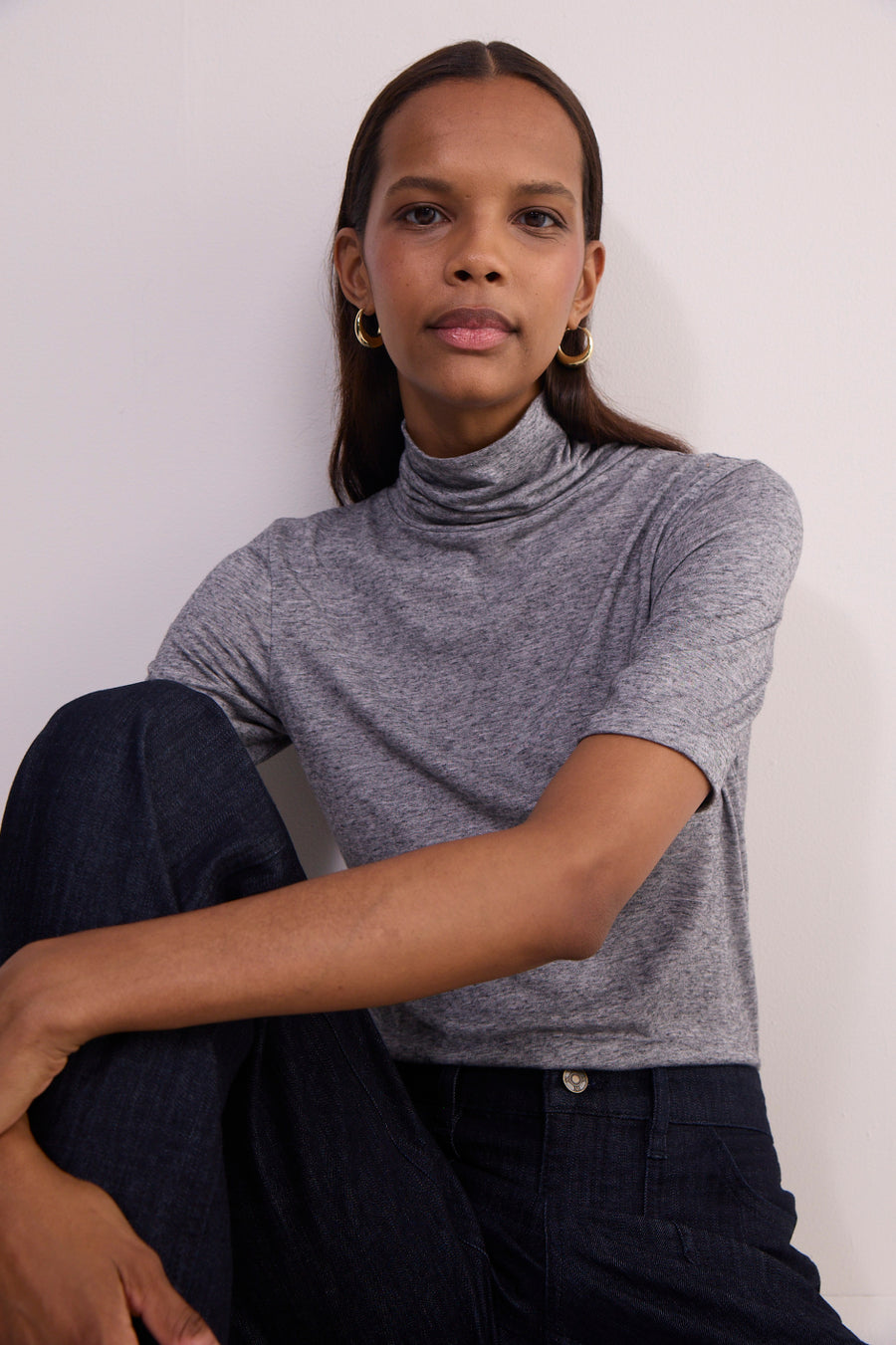 Carly Wool Blend Short Sleeve Top - Charcoal Grey