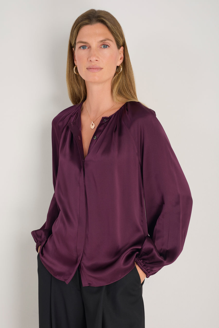 Cath x WYSE Elizabeth Silk Satin Blouse - Deep Fig