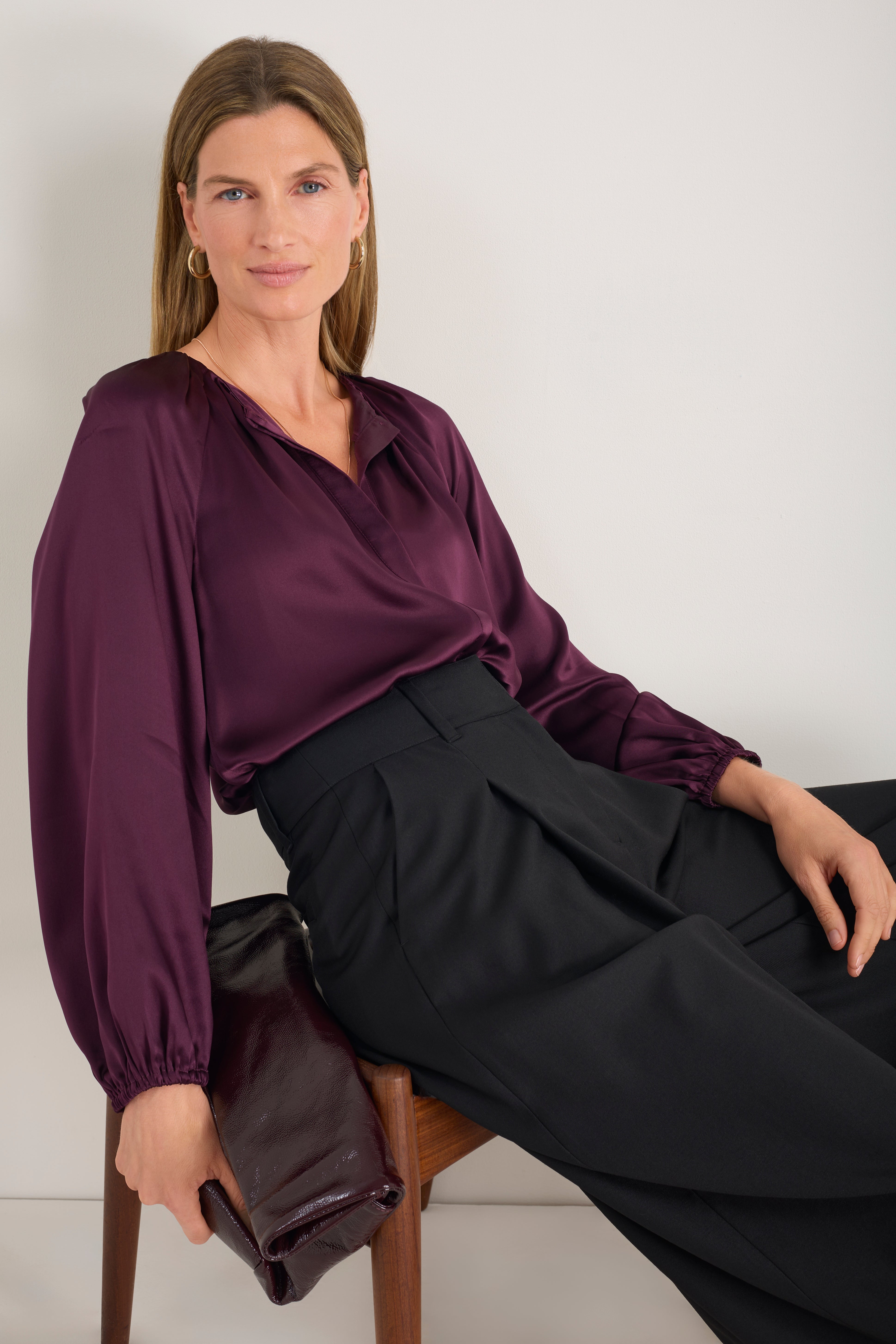 Cath x WYSE Elizabeth Silk Satin Blouse - Deep Fig