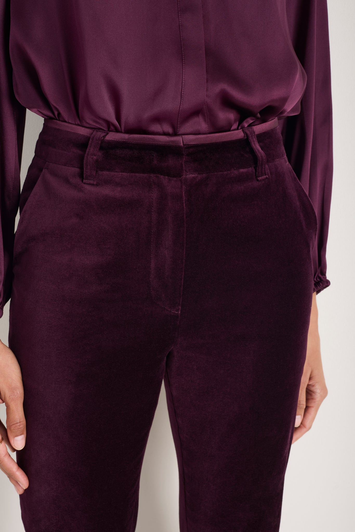 Bootcut Velvet Raspberry Cath x WYSE Taylor Cotton Velvet Bootcut Trouser - Deep Fig – WYSE London