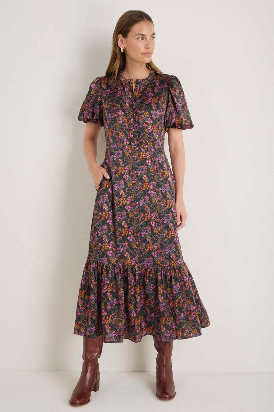 Celeste Silk Satin Dress - Vibrant Autumn Ditsy