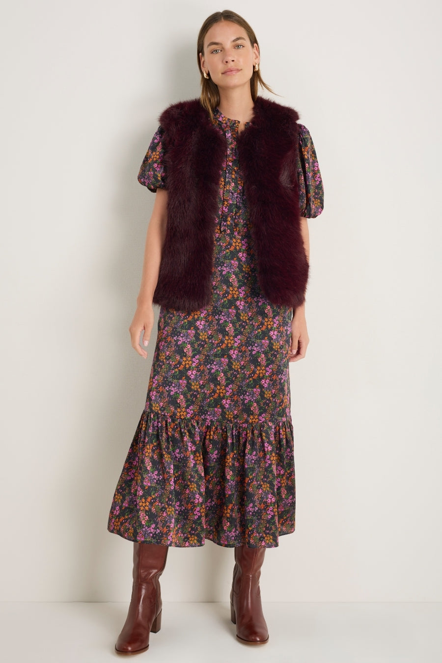 Celeste Silk Satin Dress - Vibrant Autumn Ditsy