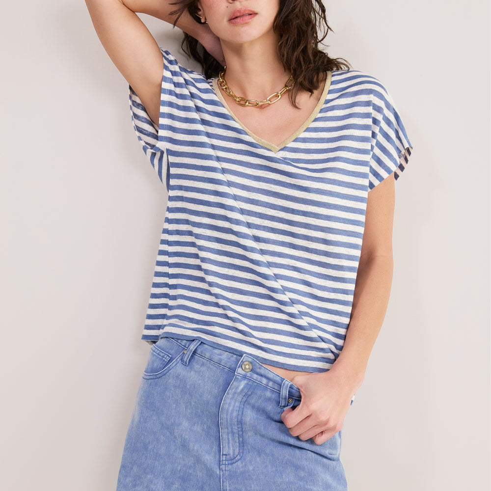 Chiara Linen V Neck Tee - Denim Blue/Ivory Stripe