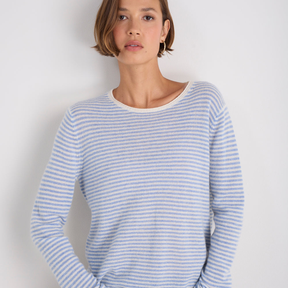 Chrissie Cashmere Jumper - Chambray Blue/Ivory Micro Stripe
