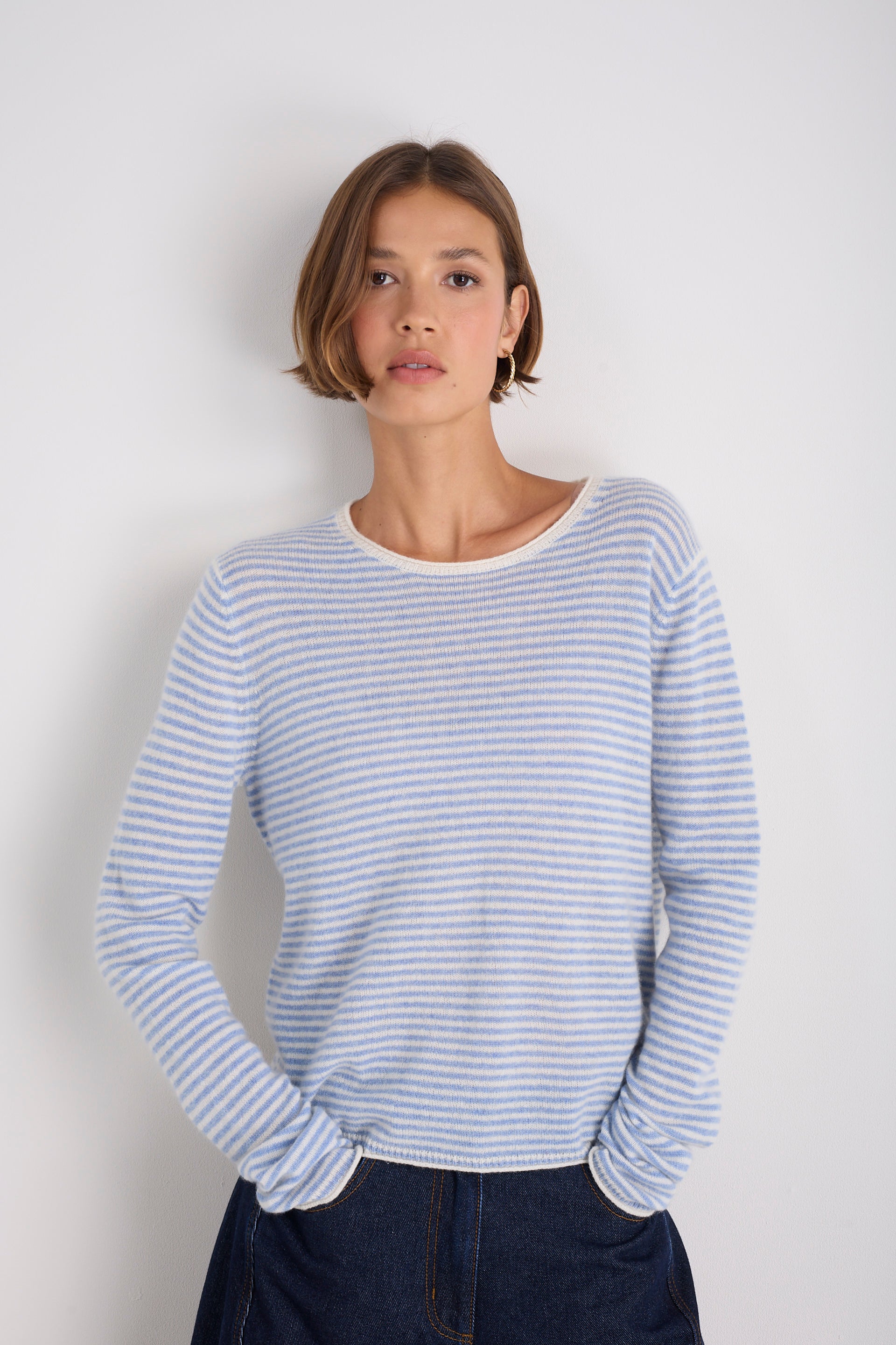 Chrissie Cashmere Jumper - Chambray Blue/Ivory Micro Stripe
