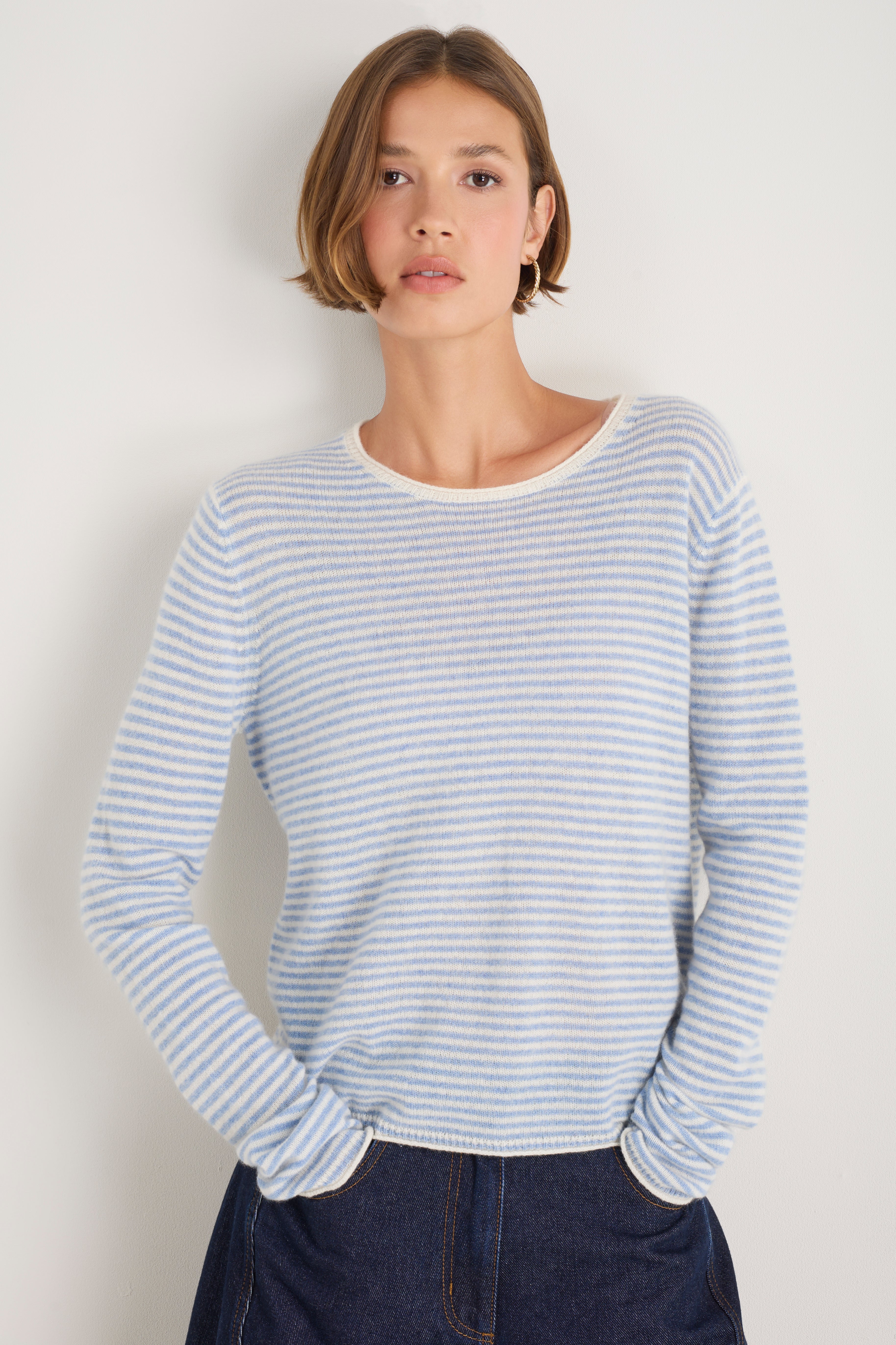 Chrissie Cashmere Jumper - Chambray Blue/Ivory Micro Stripe
