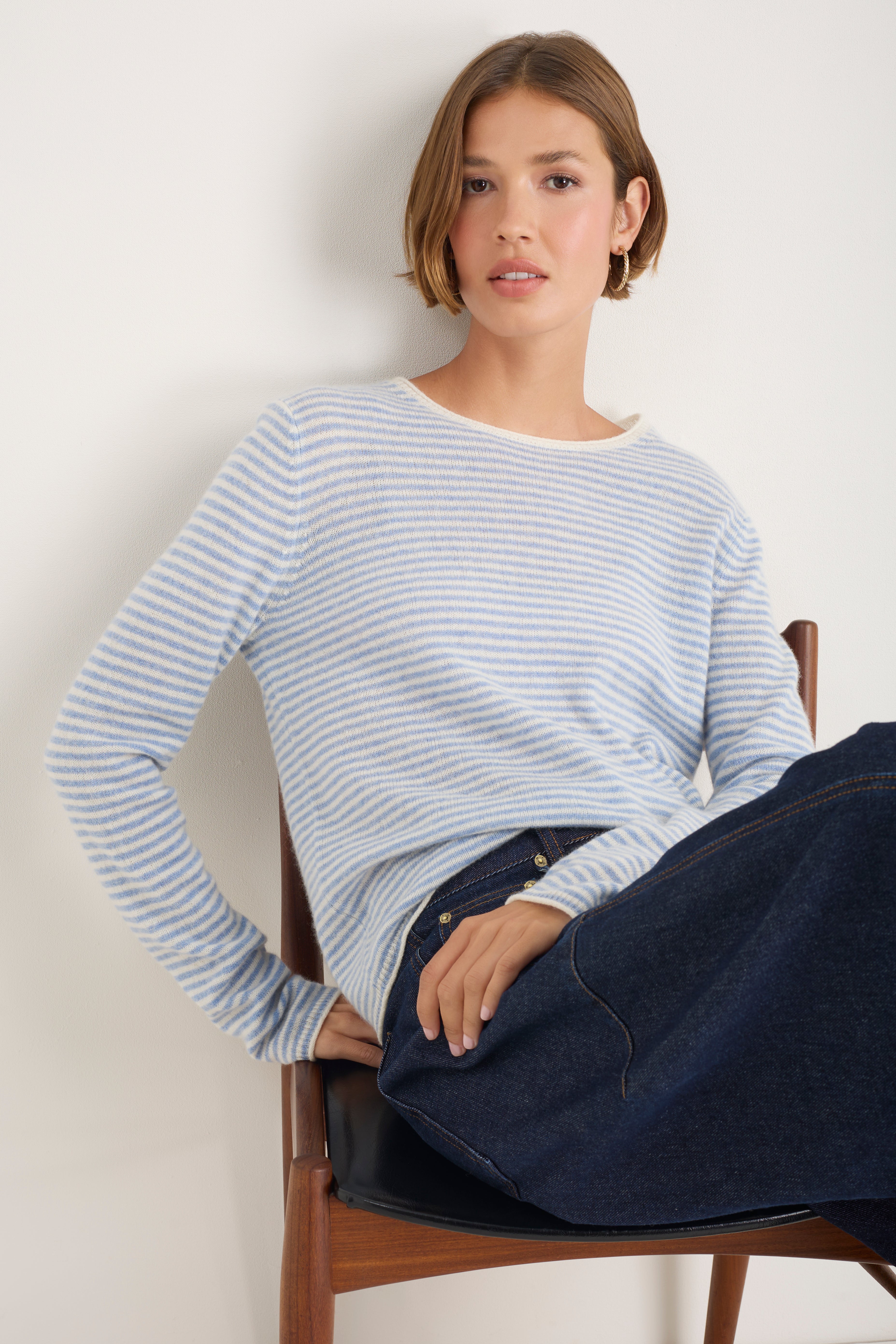 Chrissie Cashmere Jumper - Chambray Blue/Ivory Micro Stripe